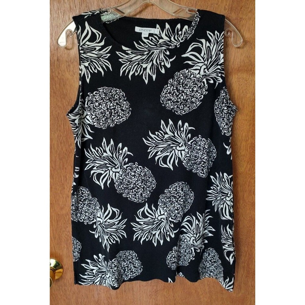 Chico's size 2 (L/12) black white pineapple print pima cotton tank top pockets